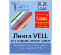 Атласная лента Vell VL-R434CH (с чипом, 12 мм, золотой на красном) для Puty PT-100E/100ECH/Brother D200/E110/ D600/E300/P700/E550/P900 1350697