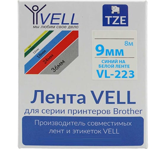 Лента Vell VL-223 (9 мм, синий на белом) для PT 1010/1280/D200/H105/E100/ D600/E300/2700/ P700/E550/9700 355863