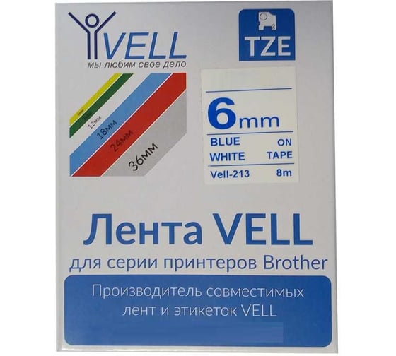 Лента Vell VL-213 (6 мм, синий на белом) для PT 1010/1280/D200/H105/E100/ D600/E300/2700/ P700/E550/9700 355862