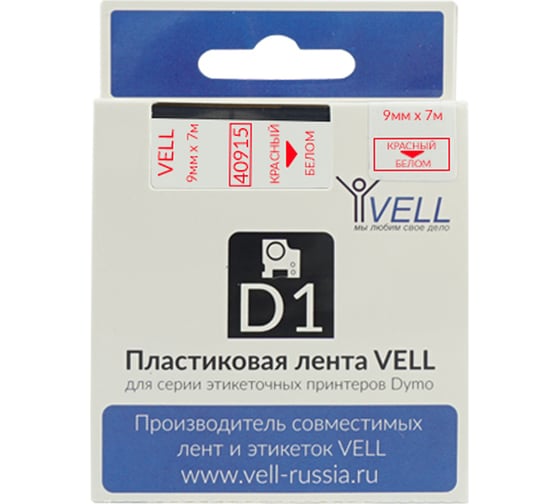 Лента Vell VL-D-S0720700/40915 (9 мм х 7 м, красный на белом) 328635