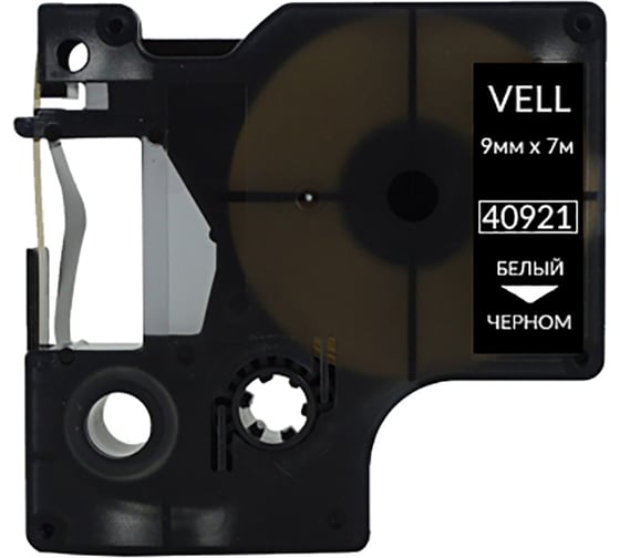 Лента Vell VL-D-40921 (9 мм х 7 м, белый на черном) 328640 1