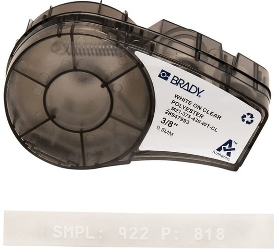 Лента 9.53 мм/6.4 м, полиэстер, белый на прозрачном Brady M21-375-430-WT-CL brd139748