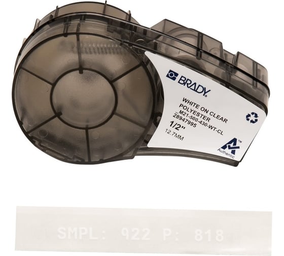 Лента 12.7мм/6.4м, полиэстер, белый на прозрачном Brady M21-500-430-WT-CL brd139747