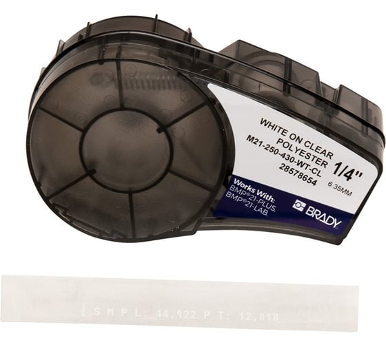 Лента 6.35 мм/6.4 м, полиэстер, белый на прозрачном Brady M21-250-430-WT-CL brd139746
