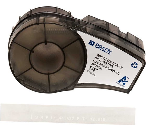 Лента 6.35 мм/6.4 м, полиэстер, белый на прозрачном Brady M21-250-430-WT-CL brd139746