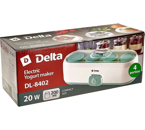 Электрическая йогуртница Delta DL-8402 4 стекл. баночки по 200 мл, белый с серо-зеленым Р1-00004494