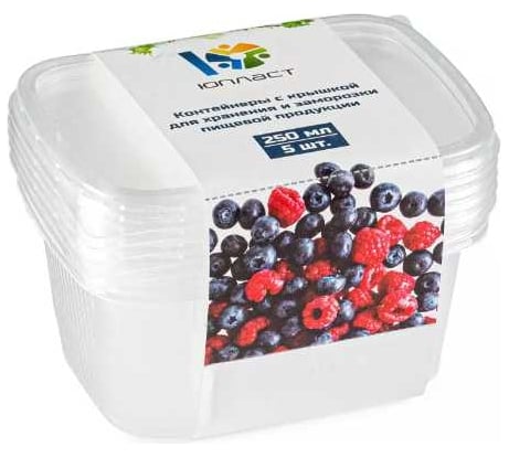 Набор контейнеров ЮПЛАСТ 250 мл, 108х82 мм, с крышкой, 5 штук с обечайкой, прозрачный, ПП ЮНАБ0104