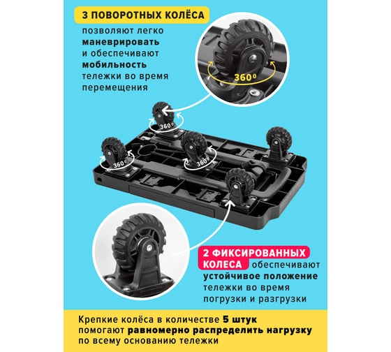Платформенная складная тележка с телескопической ручкой Forsage +2 крюка на эластичных ремнях L-1,6 м, 500x315/370 мм, ручка 410-790 мм, max 140 кг, 5 колес F-VT170 (51624)
