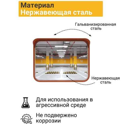 Зеркало сферическое прямоугольное с козырьком Технология 600/800 мм из нержавеющей стали 00-00008689