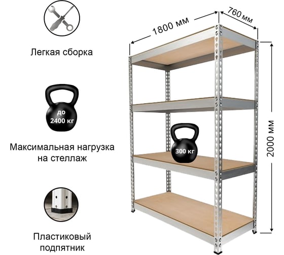 Стеллаж IRONMEBEL optimus hook pro 2000x1800x760 мм, 4 яруса M-СГРФОЦ2000х1800х760х4