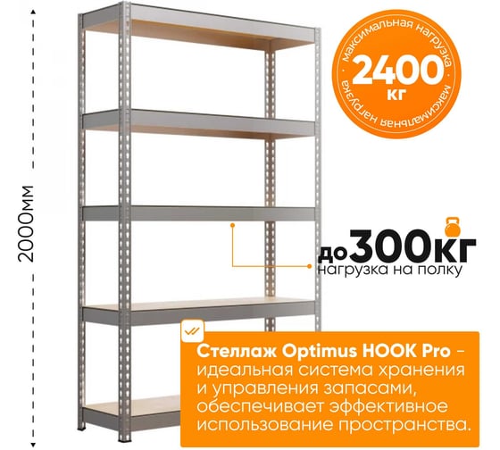Стеллаж IRONMEBEL optimus hook pro 2000x1500x600 мм, 5 ярусов M-СГРФОЦ2000х1500х600х5