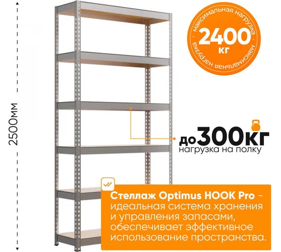 Стеллаж IRONMEBEL optimus hook pro 2500x1500x500 мм, 6 ярусов M-СГРФОЦ2500х1500х500х6