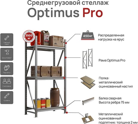 Среднегрузовой стеллаж HONEYCOMB Optimus Pro 2000х1200х600, 3 яруса M-НСГР20001200600ОЦ3