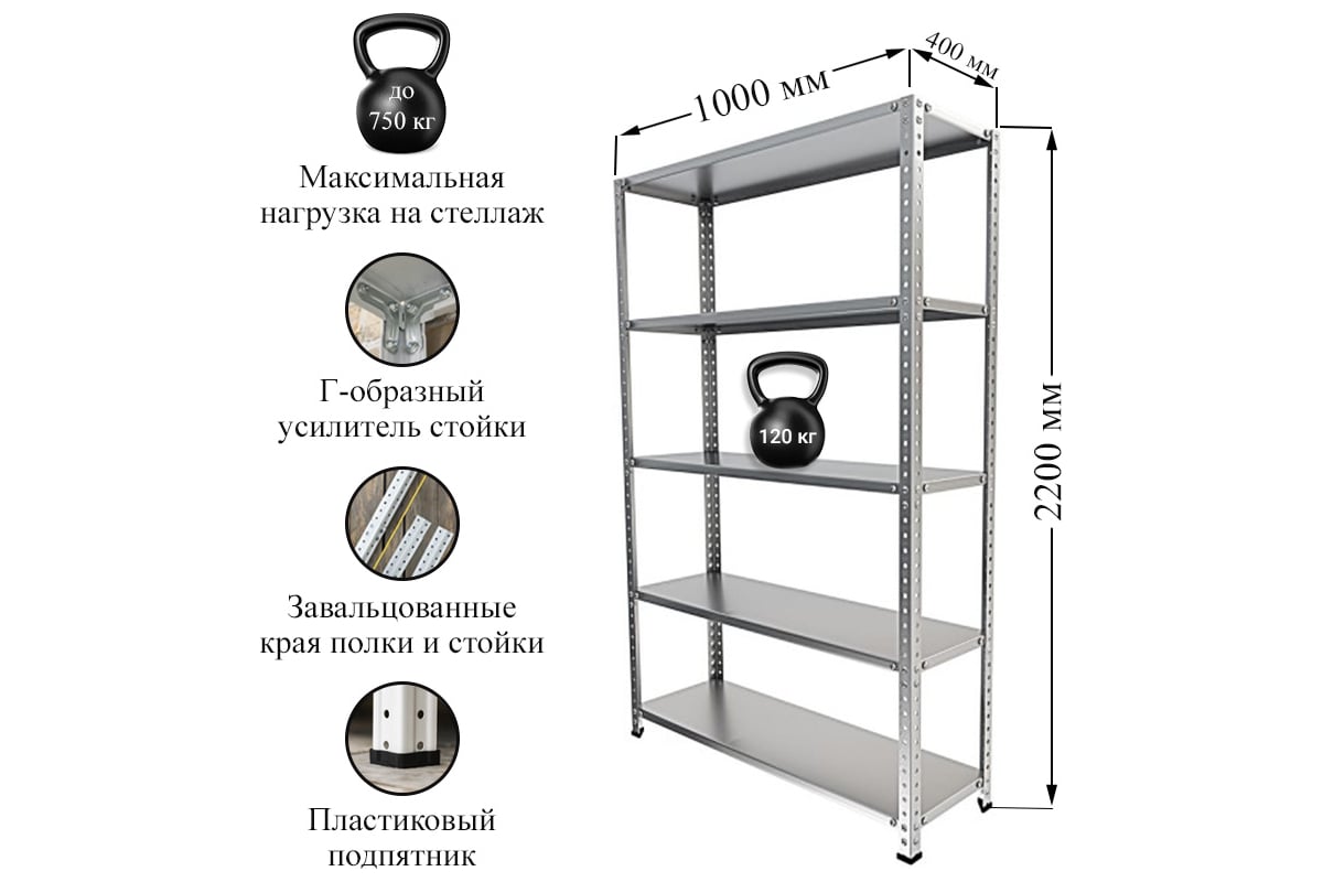 Стеллаж IRONMEBEL Optimus Standart h-2200, 5 полок 1000x400  M-СУС2200x1000x400 - выгодная цена, отзывы, характеристики, фото - купить в  Москве и РФ