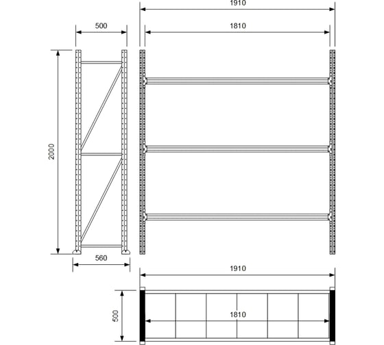 Стеллаж Ирбис Л50 2000x500x1800 мм, 3 яруса, металлические полки X961629471