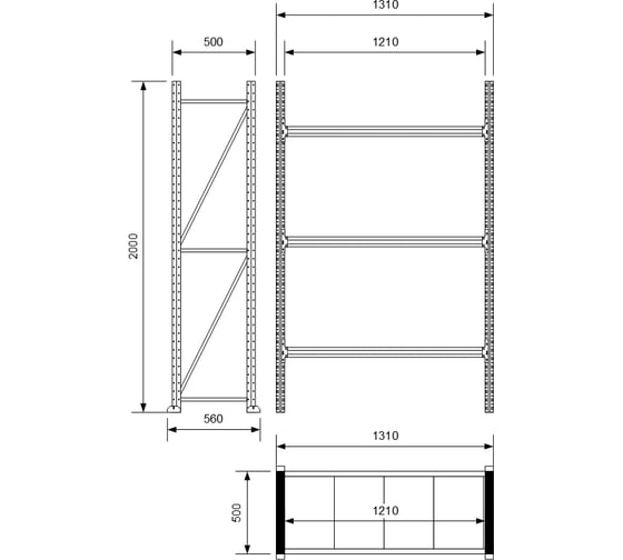 Стеллаж Ирбис Л50 2000x500x1200, 3 яруса, металлические полки X5685893