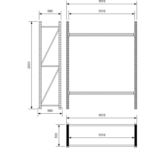 Каркас стеллажа Ирбис л50 2000x500x1500 мм, 2 яруса (без полок) X9359778