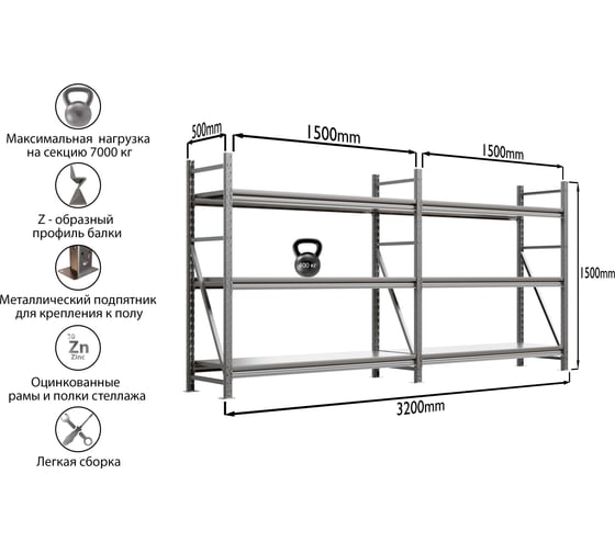 Система хранения IRONMEBEL optimus pro h-1500 zn, 3 яруса, 3200x500 мм, M-ССГР1500ОЦ3200500