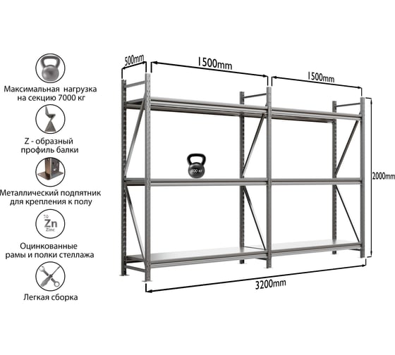 Система хранения IRONMEBEL optimus pro h-2000 zn, 3 яруса, 3200x500 мм, M-ССГР2000ОЦ3200500