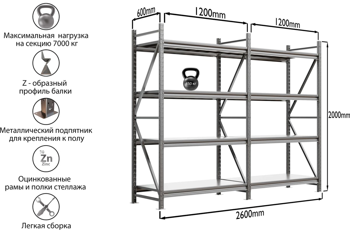 Система хранения IRONMEBEL optimus pro h-2000 zn, 4 яруса, 2600x600 мм,  M-ССГР2000ОЦ2600600+ - выгодная цена, отзывы, характеристики, фото - купить  в Москве и РФ