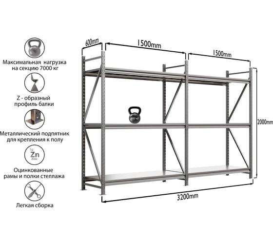 Система хранения IRONMEBEL optimus pro h-2000 zn, 3 яруса, 3200x600 мм, M-ССГР2000ОЦ3200600