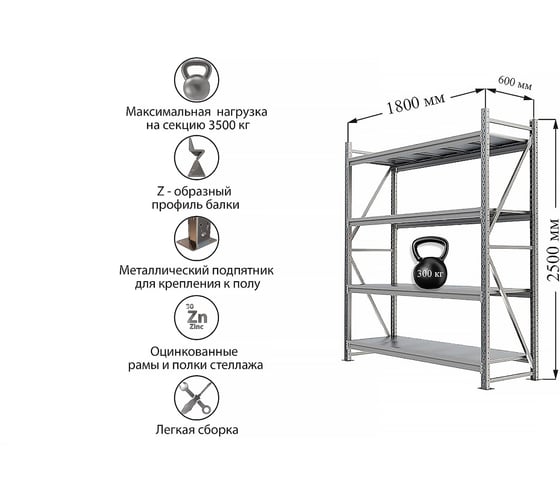 Металлический стеллаж IRONMEBEL optimus pro h-2500 zn, 4 яруса 1800x600 M-СГР25001800600ОЦ3 1