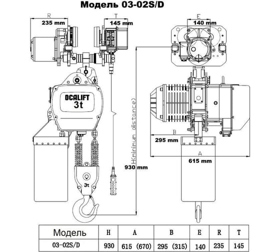 Цепная передвижная электрическая таль OCALIFT 03-02S г/п 3 тонны, высота 6 м, 380в OCA0302ST6m