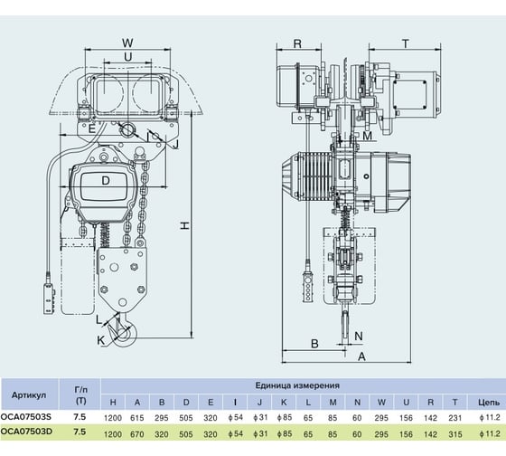 Передвижная цепная электрическая таль OCALIFT 75-03s 7,5 т, 6 м, 380 в oca07503st6m