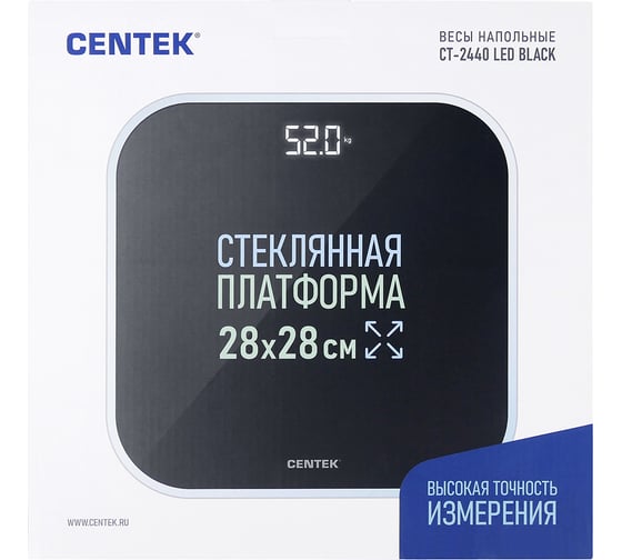 Весы напольные электронные Centek шаг 0.1 кг фунт, LCD 65x28, размер 28x28 см CT-2440 LED BLACK