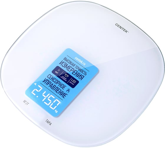 Кухонные весы Centek сенсор, 180x15x180 мм, max 5 кг, шаг 1 г, Авто Ноль/Выкл CT-2482 LED WHITE