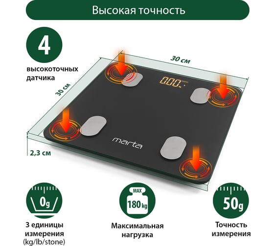 Напольные диагностические весы MARTA MT-1606 серый графит, LED, умные с Bluetooth 37279