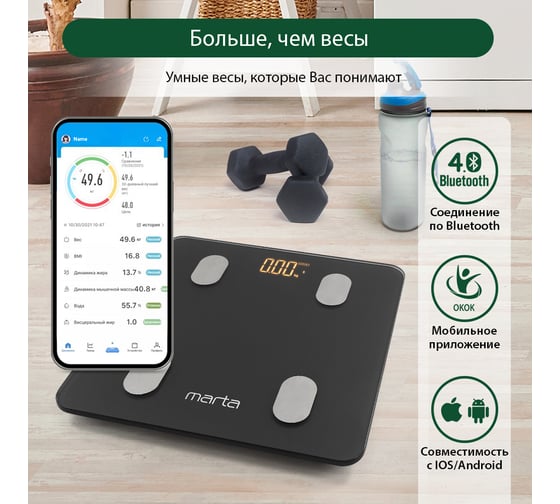 Напольные диагностические весы MARTA MT-1606 серый графит, LED, умные с Bluetooth 37279