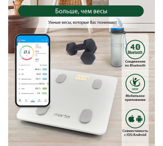 Напольные диагностические весы MARTA MT-1606 белый жемчуг, LED, умные с Bluetooth 37273