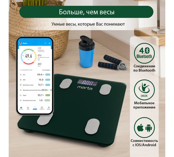Напольные диагностические весы MARTA MT-1607 темный хризолит, LCD, умные с Bluetooth 37282