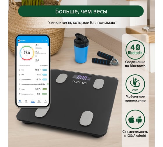 Напольные диагностические весы MARTA MT-1607 серый графит, LCD, умные с Bluetooth 37280