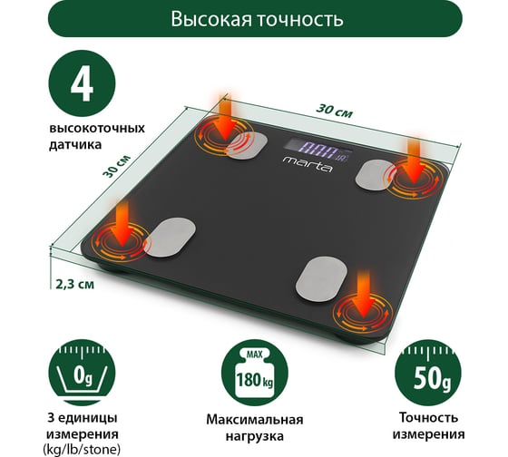 Напольные диагностические весы MARTA MT-1607 серый графит, LCD, умные с Bluetooth 37280