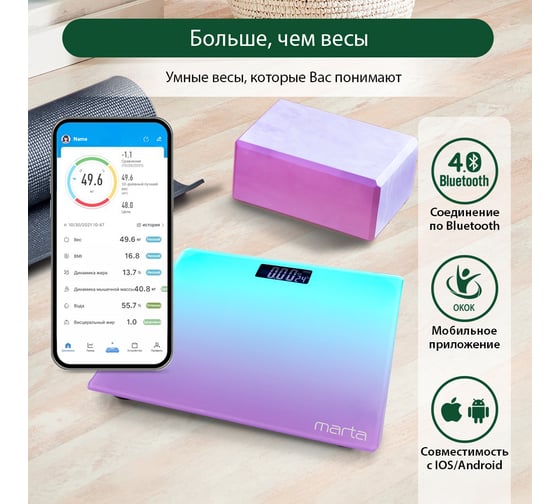 Напольные диагностические весы MARTA MT-SC1691 фиолетово-бирюзовый, LCD, умные с Bluetooth 38302