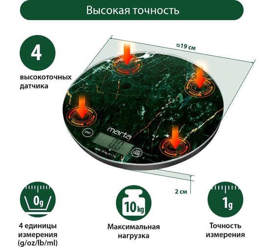 Кухонные весы MARTA MT-1635 зеленый мрамор, сенсор, встроенный термометр 41187