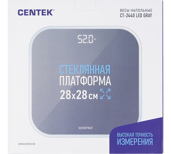 Напольные электронные весы Centek шаг 0.1 кг, фунт, LCD 65x28, размер 28x28 см CT-2440 LED GRAY