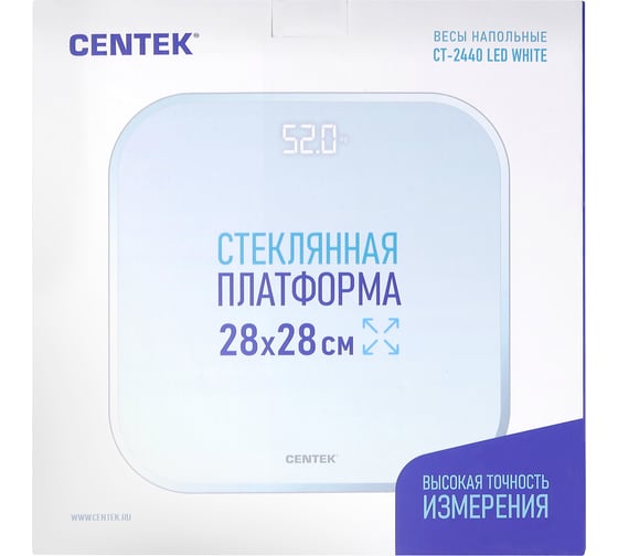 Напольные электронные весы Centek шаг 0.1 кг, фунт, LCD 65x28, размер 28x28 см CT-2440 LED WHITE