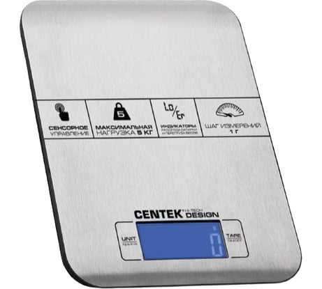 Кухонные весы Centek сталь, сенсор, LCD- 59х27 с подсветкой, t в комнате, max 5кг, шаг 1г CT-2464