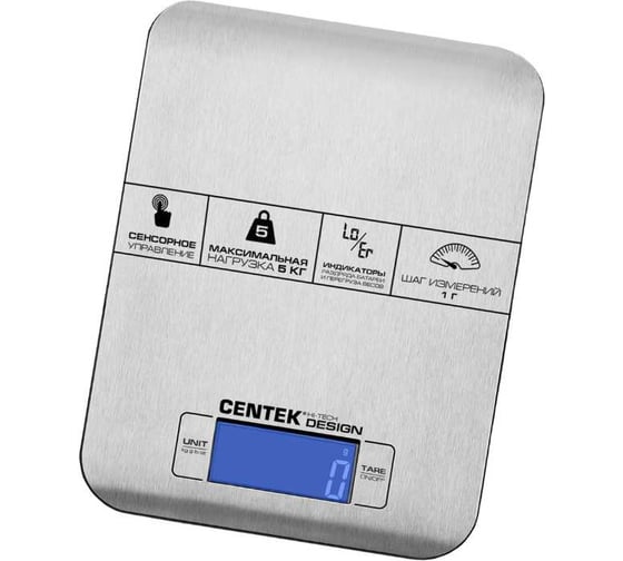 Кухонные весы Centek сталь, сенсор, LCD- 59х27 с подсветкой, t в комнате, max 5кг, шаг 1г CT-2464