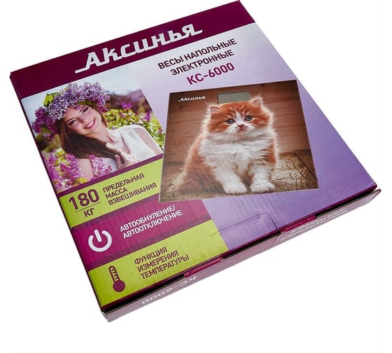 Весы напольные электронные Аксинья КС-6000 Рыжий кот, 180 кг, 26х26 см 0R-00005011