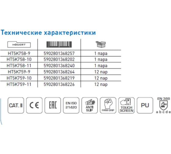 Рабочие перчатки с полиуретановым покрытием HOEGERT TECHNIK Hunte размер 9 HT5K758-9