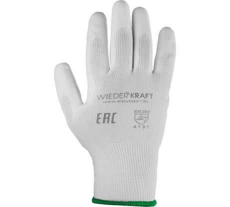 Белые лёгкие бесшовные защитные перчатки эргономичной формы из нейлона WIEDERKRAFT WDK-PU01W / M