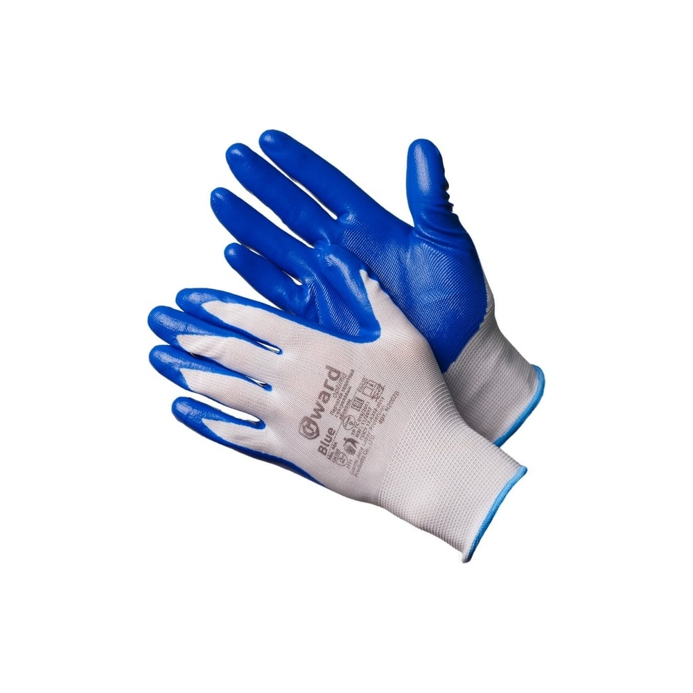 Нейлоновые перчатки Gward Blue белые с синим, нитриловое покрытие, р .