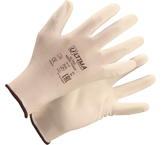 Нейлоновые перчатки с полиуретановым покрытием ULTIMA WHITE TOUCH белые ...