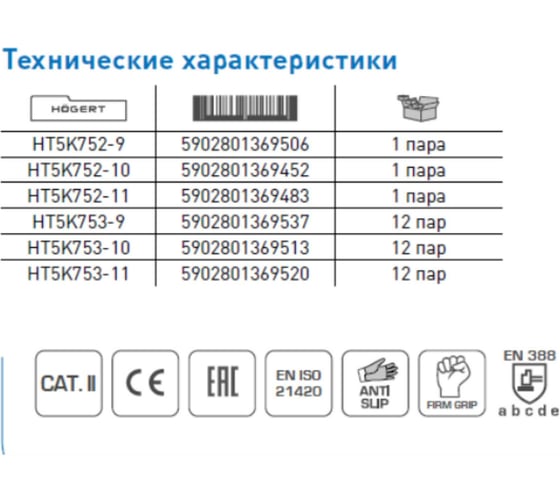 Перчатки рабочие HOEGERT TECHNIK RODER с вспененным латексом, размер 11 (12 пар) HT5K753-11