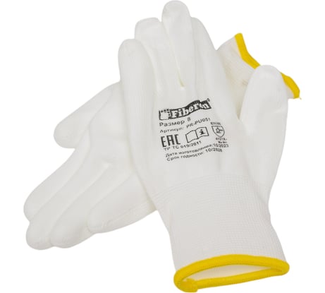 Перчатки для точных работ Fiberon полиэстер, полиуретановое покрытие в и/у, 8(M), белые, 123113