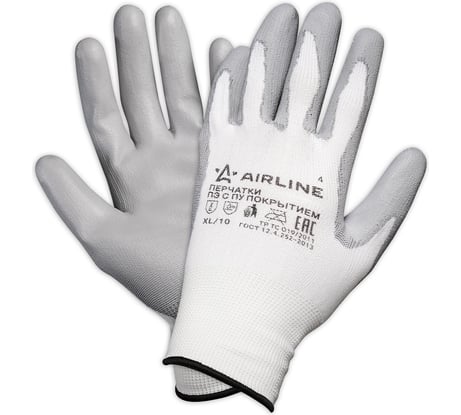 Перчатки полиэфирные с цельным ПУ покрытием ладони Airline р.XL, белый/серый, 50 шт ADWG001